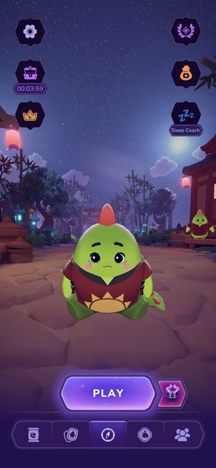 The image shows the Sleepagotchi mobile game home screen featuring a cute green turtle-like character with a red crest, set against a serene nighttime landscape with a "PLAY" button, "Sleep Coach" feature, and a countdown timer displaying "00:03:59"—visually reinforcing the post's description of Sleepagotchi as a "Sleep-to-Earn" ecosystem that blends wellness and gaming.