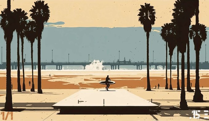 A stylized, retro illustration of a beach scene with palm tree silhouettes framing a surfer walking across the sand toward the ocean, with a long pier visible in the background.
