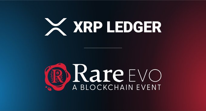 A promotional graphic featuring the XRP Ledger logo and the 'Rare EVO - A Blockchain Event' logo against a blue and red gradient background.