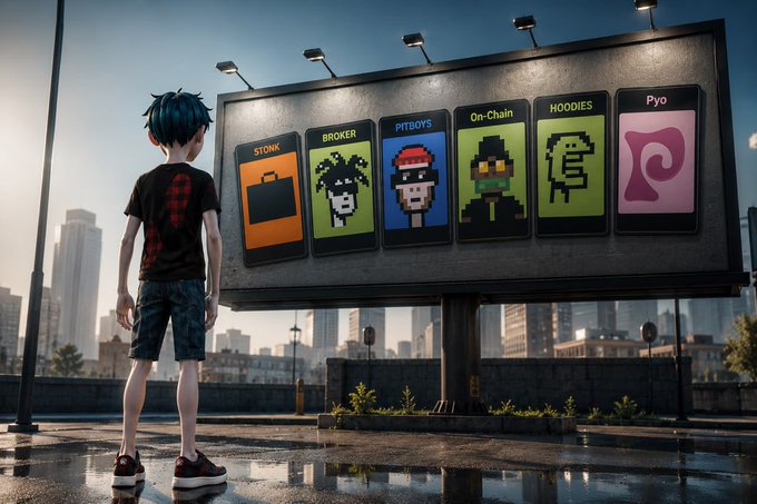 A digital artwork of a young person with blue hair standing on a wet street, looking up at a large billboard displaying pixel-art style NFT icons labeled 'STONK', 'BROKER', 'PITBOYS', 'On-Chain', 'HOODIES', and 'Pyo'.
