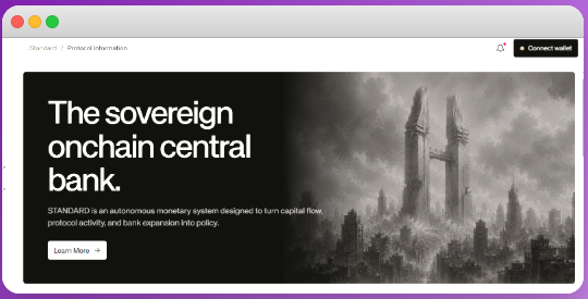 A website screenshot for 'STANDARD' titled 'The sovereign onchain central bank,' described as an autonomous monetary system designed to turn capital flow, protocol activity, and bank operation into policy, with a dark cityscape illustration.