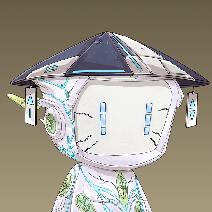 An illustration of a robot character with a white body featuring circuit-like patterns, blue eyes, and a traditional Asian-style conical hat with glowing accents.