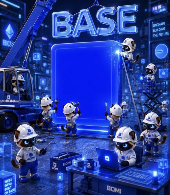 A digital illustration showing cartoon cats dressed as construction workers wearing 'BOMI' branded gear, building a large blue structure under a 'BASE' sign with text reading 'ONCHAIN BUILDING THE FUTURE'.