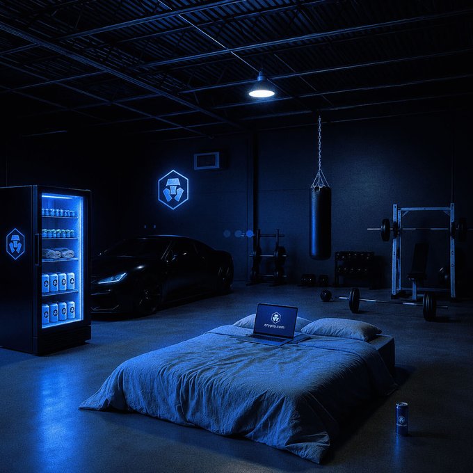 A dimly lit, blue-tinted garage setup features a bed with a laptop displaying "crypto.com" on the screen, a sleek sports car, a heavy punching bag, weightlifting equipment, and an illuminated Cryptex vending fridge, all under a single hanging light. The post "Rate this set up 1-10" seems to playfully ask for opinions on this eclectic blend of fitness, luxury, and crypto-themed decor.