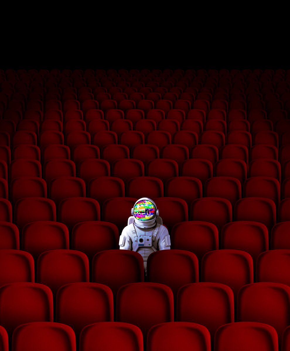 The image features a person wearing an astronaut suit, standing alone in front of rows of red chairs that fill up most of the frame. The person appears to be looking out into the darkness or at something off-camera. The caption reads "Gm with Live Auction Echo” Current Bid 0.015 E auction ends in 5 hours". This suggests that there is an event happening, possibly a live auction related to space exploration or astronautics, and the person in the suit might be participating in it.