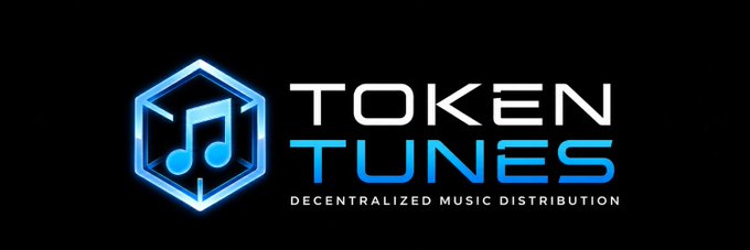 A logo for 'TOKEN TUNES' with the tagline 'DECENTRALIZED MUSIC DISTRIBUTION' featuring a blue musical note inside a hexagonal design.