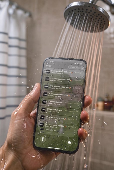 A hand holds a smartphone under a running shower, with water cascading over the screen displaying multiple Bybit alerts showing Bitcoin (BTC) and Ethereum (ETH) price movements—including "BTC rises above $84,000" and "ETH drops below $8,500" notifications. The image humorously illustrates the post's caption, as the relentless stream of crypto price alerts has the owner literally cooling their phone down under the water.