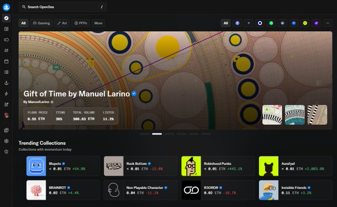 The OpenSea NFT marketplace homepage featuring a featured collection 'Gift of Time by Manuel Larino' with a floor price of 0.05 ETH, below a 'Trending Collections' section showing Blupets, Rock Bottom, Robinhood Punks, Auralye!, BRAINIOT, Non Playable Character, R3DGEN, and Invisible Friends.