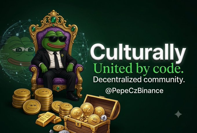 A digital illustration featuring the Pepe the Frog character wearing sunglasses and a suit, sitting on a throne beside gold coins and a treasure chest, with the text 'Culturally United by code. Decentralized community. @PepeCzBinance'.