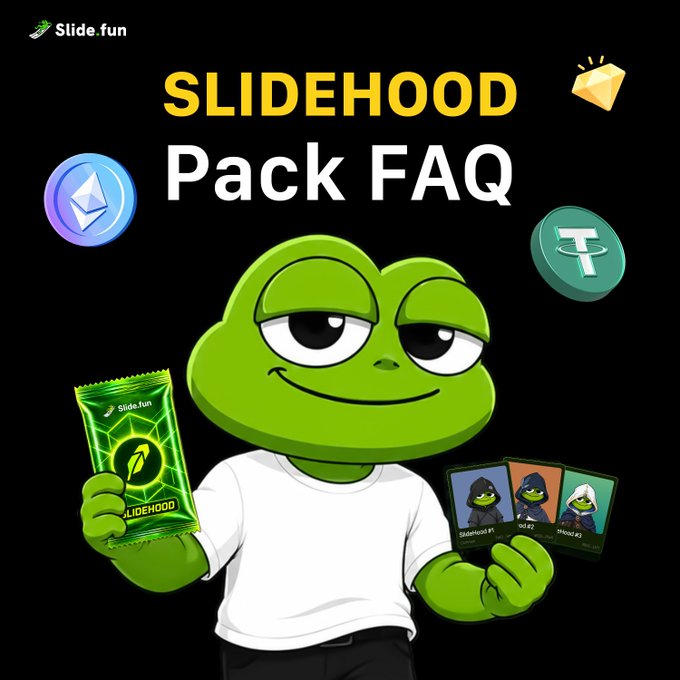 Promotional artwork for "SLIDEHOOD Pack FAQ" features a green frog-like character holding a Slide.fun packet and three NFTs (SlideHood #1, #2, #3), with an Ethereum logo and Tether (USDT) token floating nearby.