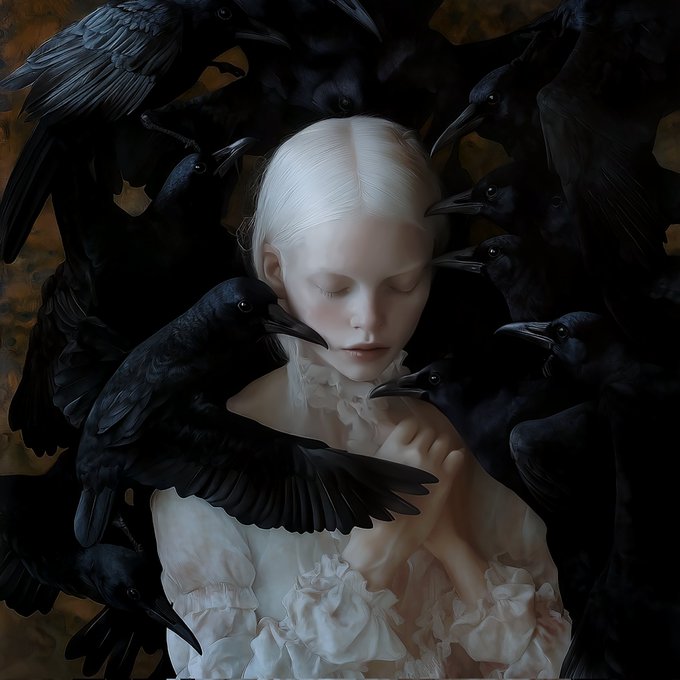 A surreal dark fantasy artwork featuring a pale white-haired figure with closed eyes surrounded by black crows/ravens.