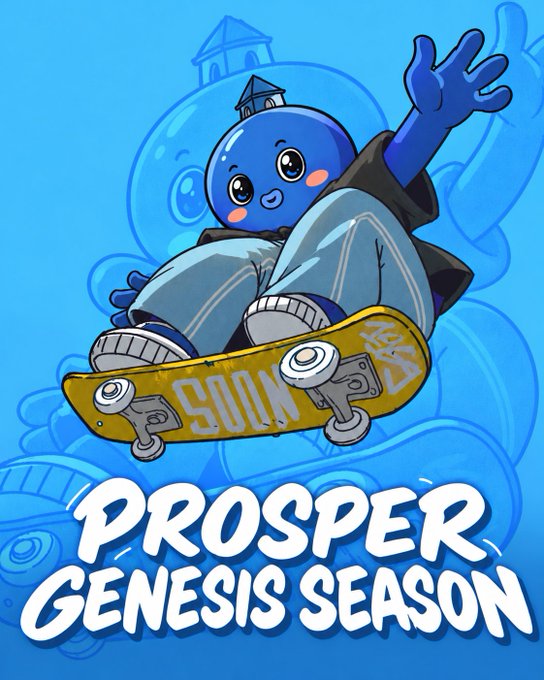 Promotional artwork featuring a blue cartoon mascot character with a small house on its head, riding a yellow skateboard labeled 'SOON' above text reading 'PROSPER GENESIS SEASON'.