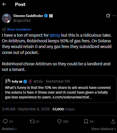 A tweet by Steven Goldfedder (@sgoldfed) responding to @toly, arguing about Arbitrum gas fees with the text: 'Robinhood chose Arbitrum so they could be a landlord and not a tenant.'