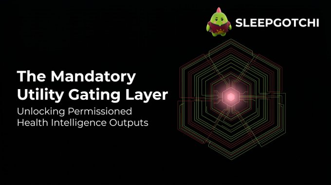 The image features a cartoon depiction of a green dinosaur with a pink head, surrounded by a purple hexagon filled with a bright light at its center. The text "The Mandatory Utility Gating Layer" is displayed above the dinosaur, while the phrase "Unlocking Permissioned Health Intelligence Outlets" is below it. The image also includes a link to a post on social media called "dino intel V the common error is viewing lifestyle tokens as pure exit liquidity rewards rather than a generic reward asset. you need it to access the ai coach built by @sleepagotchi".
