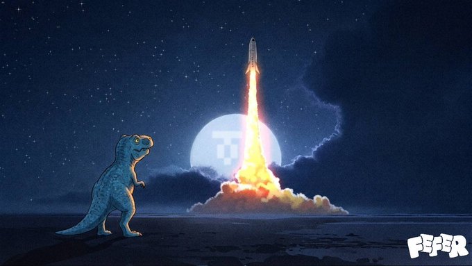 A digital illustration depicting a cartoon T-Rex dinosaur watching a rocket launch against a starry night sky with a moon in the background, branded with the 'FIFER' logo in the bottom right corner.