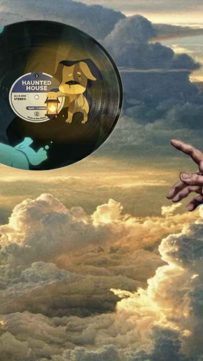 A surreal artwork features a vinyl record with a label reading 'HAUNTED HOUSE' and an illustration of a dog with a lantern, set against a cloudy sky reminiscent of 'The Creation of Adam' painting with an outstretched hand.
