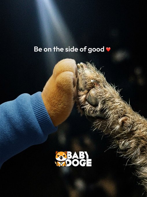 The image shows a small dog's paw touching a furry animal's face in a gentle gesture, with the text "Be on the side of good ❤" and the "BABY DOGE" logo displayed, visually reinforcing Baby Doge Crypto's mission of helping animals and doing good in the world.