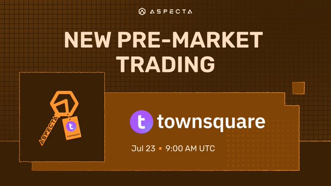 A promotional graphic for Aspecta's new pre-market trading feature, announcing the launch of TownSquare ($t) on July 23 at 9:00 AM UTC, featuring a key and tag illustration alongside the TownSquare logo. The post details that auction FDV ranges from $300M to $30M, with options for long/short trading and decentralized settlement.