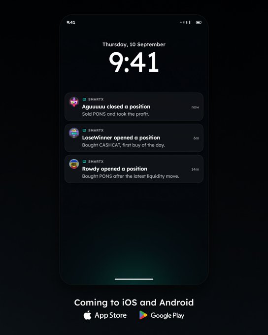 A smartphone lock screen displays the time 9:41 AM and trading notifications from users like Aquuuuu, LoseWinner, and Rowdy regarding positions on PONS and CHAT.