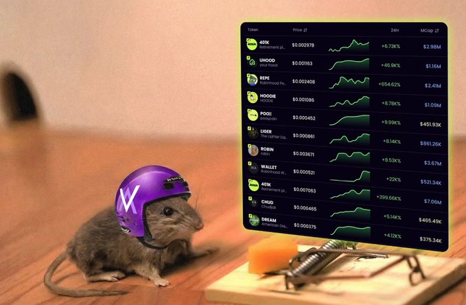 A humorous image of a small rodent wearing a purple helmet in front of a wooden mousetrap, with a digital meme coin price tracker floating beside it showing tokens like 69X, WOOD, REP, NOOB, POKE, LOBR, ROBIN, WALLET, 401K, GHUD, and DREAM with their 24H gains and market caps.