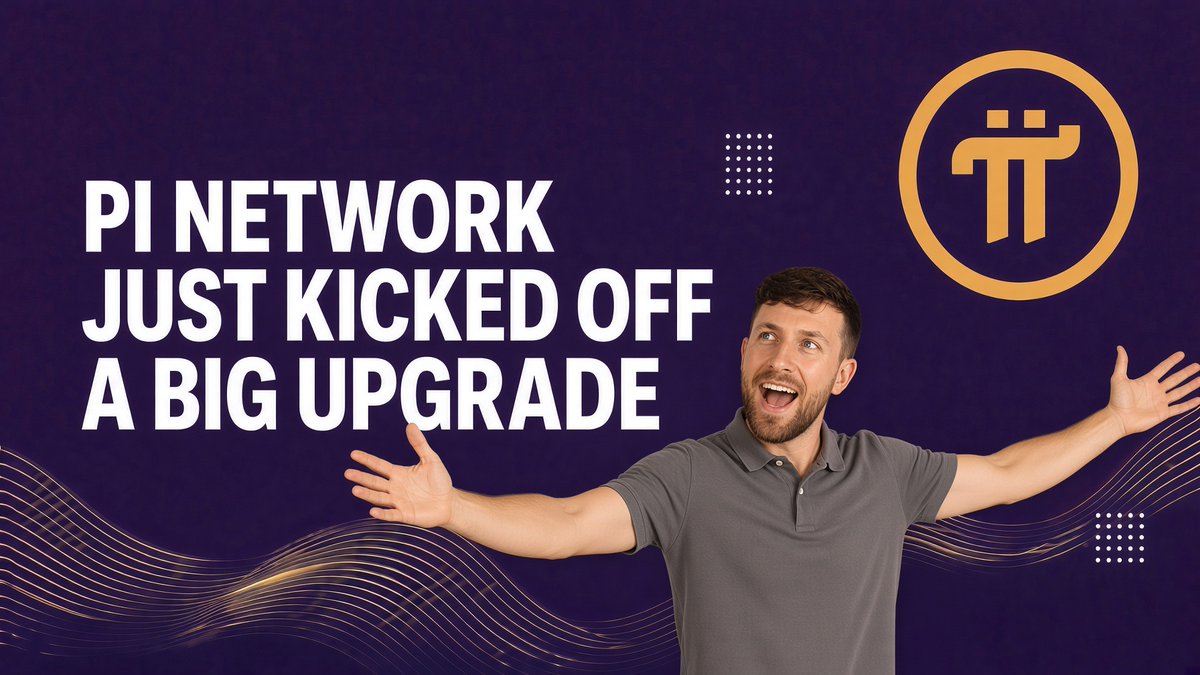 A man stands with arms outstretched in excitement against a purple background, beside bold text reading "PI NETWORK JUST KICKED OFF A BIG UPGRADE" and the gold Pi Network logo, visually emphasizing the announcement of the protocol's major V27 upgrade.