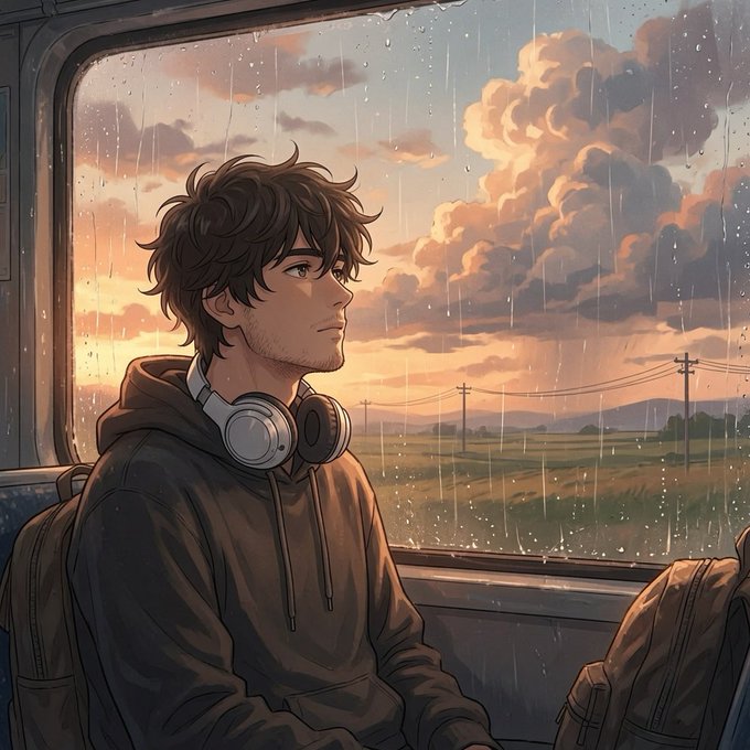 An anime-style illustration of a young man with brown hair wearing headphones and a dark hoodie, sitting by a rain-streaked train window watching a sunset over rural countryside.