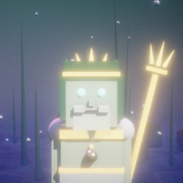 The image features a 3D rendering of a robot with a crown on its head, standing in front of a blue background that includes trees and other elements typical of an underwater or oceanic setting. The robot has a sword in one hand and a shield in the other, giving it a commanding presence. The post is titled "Meet TRITON.exe - Identities #95 Ocean biome, 48 geometry primitives, 1/1 Giving away to a @TheWizardsOfOrd holder in their discord! Likes: Surfing underwater, shiny tridents, fish Dislikes: Dry air, Aquaman (theres beef) ord.net/inscription/12". The post is about the robot's identity and its preferences for certain elements of its environment.