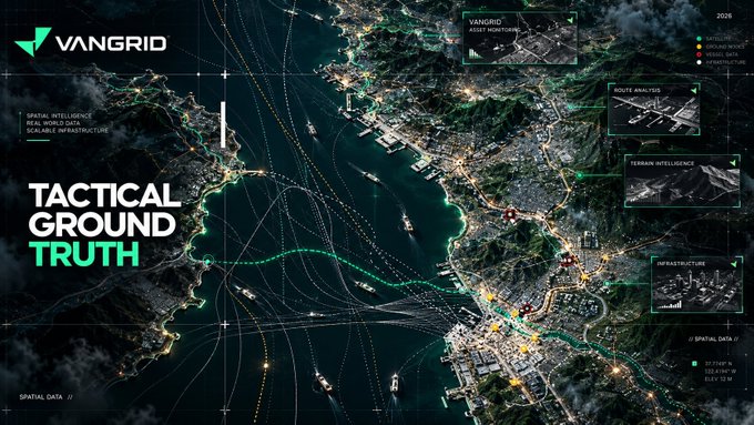 A dark, tactical-themed map interface labeled 'VANGRID' with the text 'TACTICAL GROUND TRUTH,' displaying coastal city data, asset locations, and analysis panels for a region resembling Hong Kong.