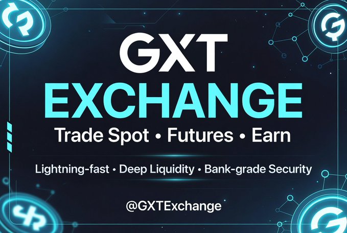 Promotional graphic for GXT Exchange advertising spot trading, futures, and earn features with the handle @GXTExchange.