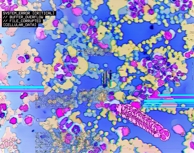 A glitchy, corrupted digital image with bright magenta, blue, and yellow cellular-like patterns overlaid with a 'SYSTEM_ERROR [CRITICAL]: BUFFER_OVERFLOW // FILE_CORRUPTED [CELLULAR_DATA]' message in the top left corner.