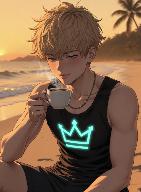 The image features a young man sitting at the beach with his arms crossed while holding a cup of coffee. The scene takes place during sunset, creating a serene atmosphere. The main character appears to be enjoying his time by the ocean, possibly taking a break from work or simply appreciating nature's beauty.