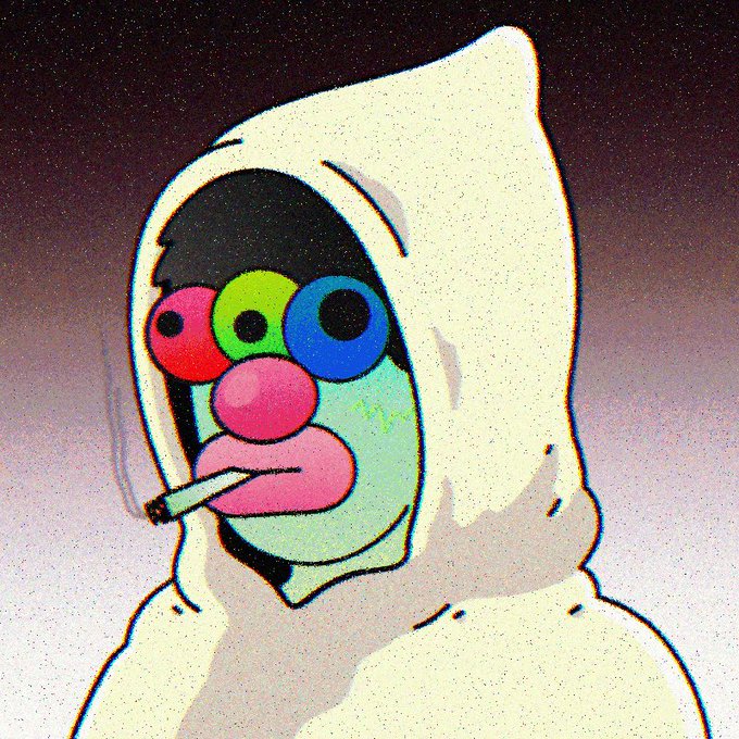 A stylized digital illustration depicts a figure in a hooded garment with colorful, abstract facial features and a cigarette in its mouth.