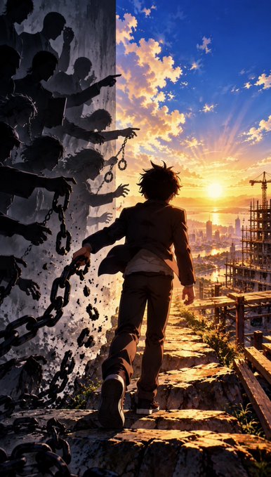 An anime-style illustration of a boy walking away from shadowy figures reaching for him with chains, toward a sunset cityscape.