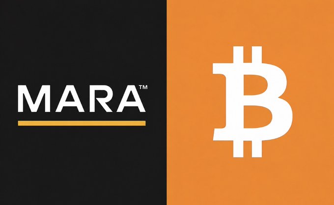The image is split into two sections: the left side shows the "MARA" logo (Marathon Digital) in white text on a black background with an orange underline, and the right side displays the Bitcoin "₿" symbol in white on an orange background. This visually represents Marathon Digital's significant Bitcoin sale transaction, with the split design symbolizing the company's relationship with Bitcoin as a major holder and seller of the cryptocurrency.