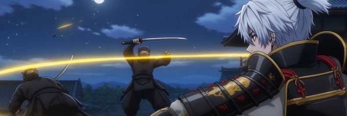 An anime-style scene featuring a white-haired character in samurai armor in the foreground, with ninja-like figures wielding glowing yellow weapons under a night sky.