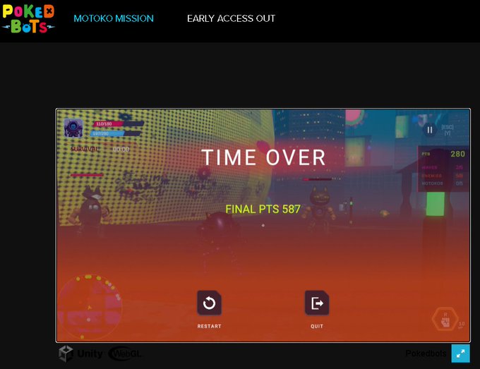 A screenshot of a web game 'Poked Bots' showing a 'TIME OVER' screen with 'FINAL PTS 587' and options to 'RESTART' or 'QUIT', powered by Unity WebGL.