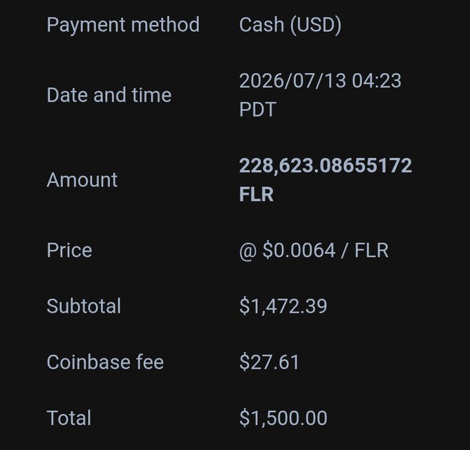A digital receipt showing a Coinbase transaction for 228,623.08655172 FLR at $0.0064/FLR, totaling $1,500.00 in cash (USD) on 2026/07/13.