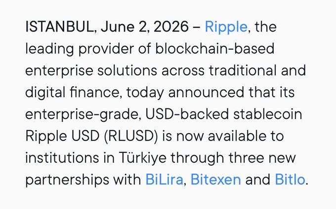 The image shows a white background with black text that reads "istanbul, June 2, 2016 - Ripple, the leading provider of blockchain-based enterprise solutions across traditional and digital finance, today announced that its RLUSD (Ripple USDC) is now available to institutions in Turkey through Binance, Bitso, Bitstamp, ByBit, Gemini, Kraken, LMAX, OKX and others". The text provides information about the availability of Ripple USDC for institutions in Turkey.
