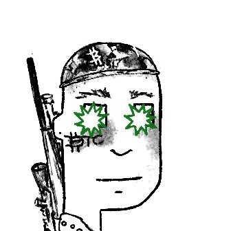 A black and white line drawing features a 'Wojak' style character with a floral bandana and an assault rifle, distinguished by bright green dollar signs for eyes and a dollar sign tattoo on its cheek.