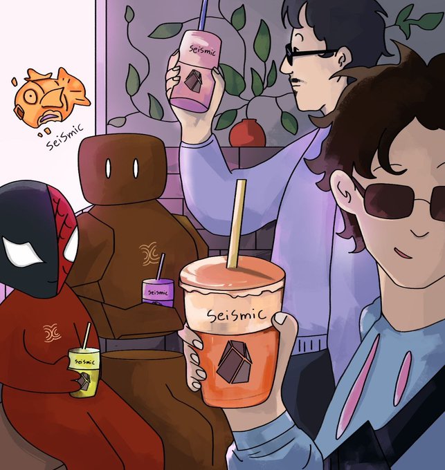 An anime-style illustration showing several characters including Spider-Man and a bespectacled man holding drinks labeled 'Seismic', with a small Magikarp labeled 'Seismic' in the corner.