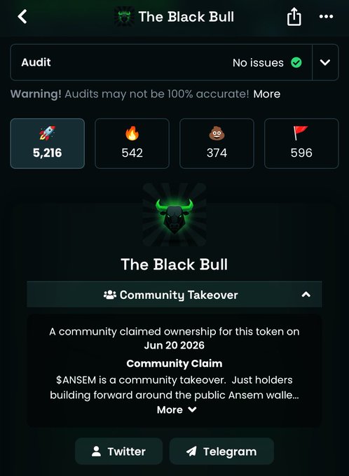 A screenshot of a cryptocurrency token page for 'The Black Bull' showing an audit with 'No issues', metrics (5,216 holders, 542 buys, 374 holders, 596 flags), and a community takeover claim dated Jun 20 2026.