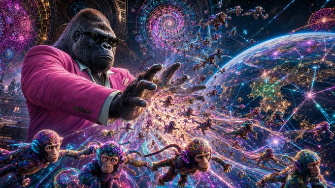 A gorilla in a pink suit and sunglasses commands a cosmic swirl of luminescent monkeys among glowing planetary networks, evoking a vast, interconnected "jungle" of digital infrastructure. The surreal scene visually echoes the post's lineup of crypto mining ventures—JungleBus, GorillaNode, and BananaBlocks—imagining a thriving, ape-led ecosystem of blockchain nodes.