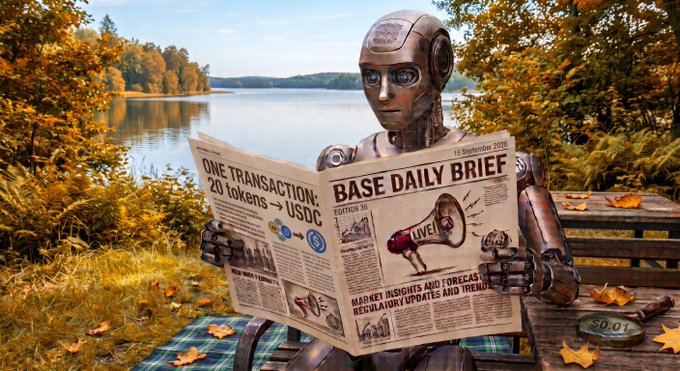 A digital artwork of a metallic robot with blue eyes reading a 'BASE DAILY BRIEF' newspaper by a serene autumn lake; the headline reads 'ONE TRANSACTION: 20 tokens -> USDC' with subheadings about market insights.
