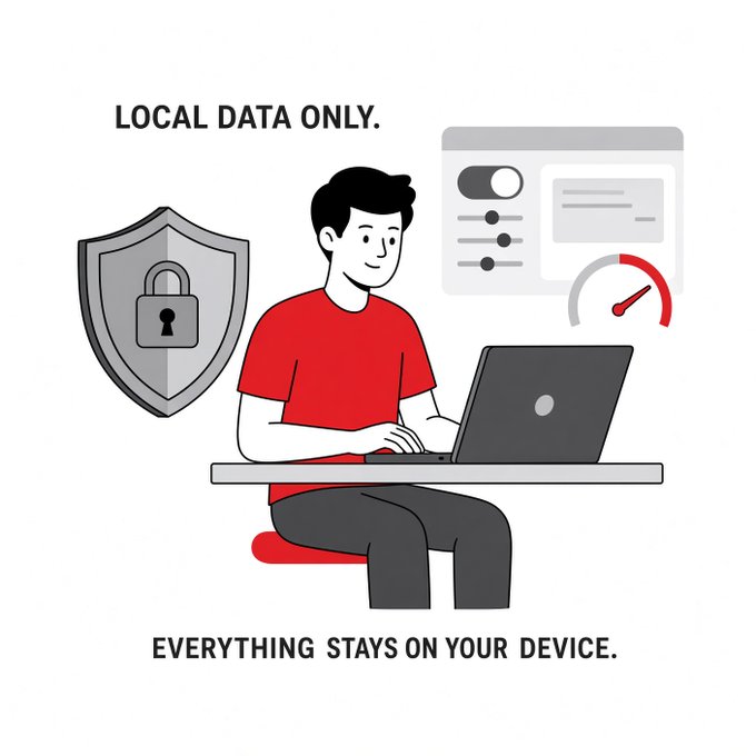 A digital illustration of a man in a red shirt working on a laptop, accompanied by a security shield icon and the text 'LOCAL DATA ONLY.' and 'EVERYTHING STAYS ON YOUR DEVICE.'