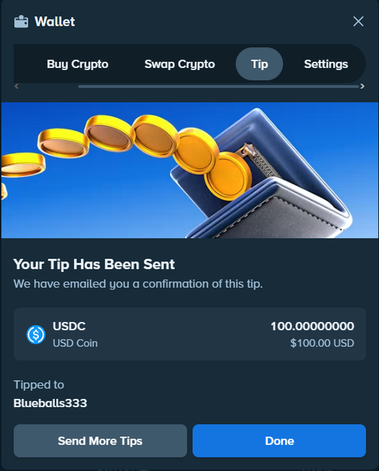 A crypto wallet confirmation screen displaying 'Your Tip Has Been Sent' for 100 USDC ($100.00 USD) tipped to the user 'Blueballs333', with 'Send More Tips' and 'Done' buttons.