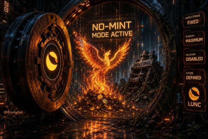 The image displays a dramatic, fiery phoenix rising from ruins beside a massive vault door emblazoned with "NO-MINT MODE ACTIVE," alongside a dashboard showing LUNC's fixed supply, maximum scarcity, and disabled inflation status. The phoenix imagery symbolizes LUNC's rebirth through the v3.5.0 upgrade, while the surrounding stats reinforce the post's message about the Market Module's new deflationary discipline.
