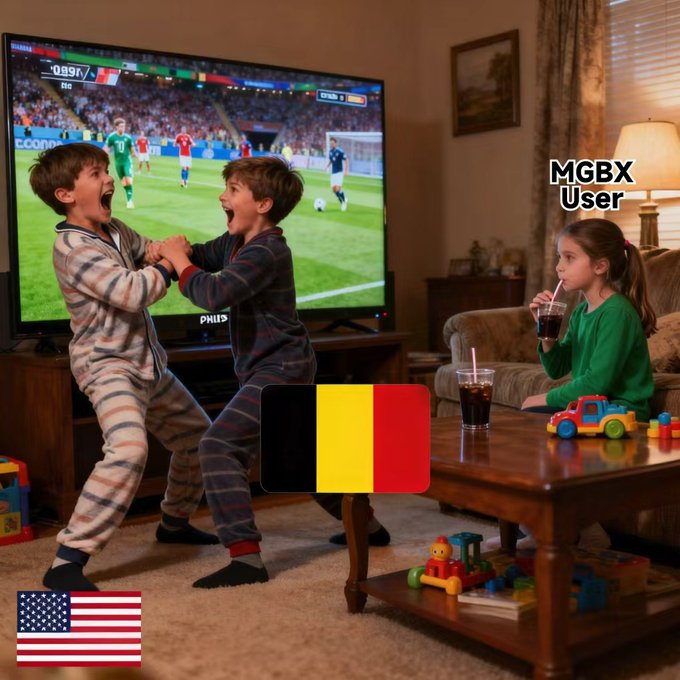 AI-generated image of children cheering while watching a soccer match on TV, labeled 'MGBX User' with a Belgian flag overlay and an American flag in the corner.