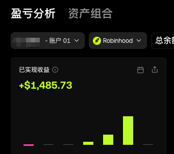 A dark-themed financial dashboard screenshot showing a Robinhood account with realized gains of +$1,485.73 and a green bar chart.