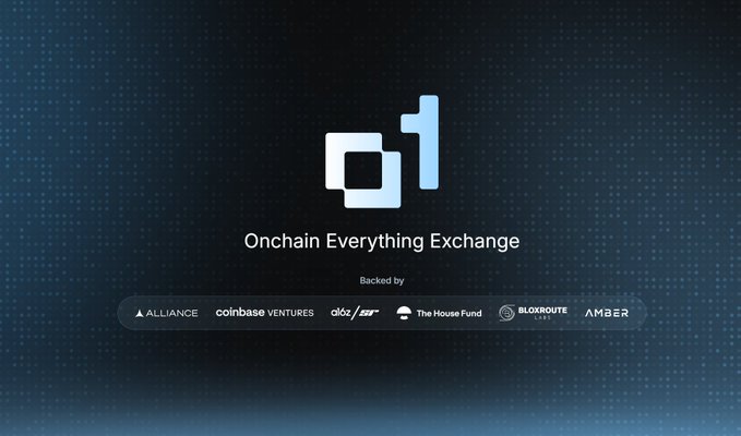 A dark blue promotional graphic displays the "o1" logo with the tagline "Onchain Everything Exchange" and lists backers including Alliance, Coinbase Ventures, ZBS, The House Fund, Boxroute, and Amber—visually promoting the o1 Exchange platform mentioned in the post's welcome announcement to new BD members.