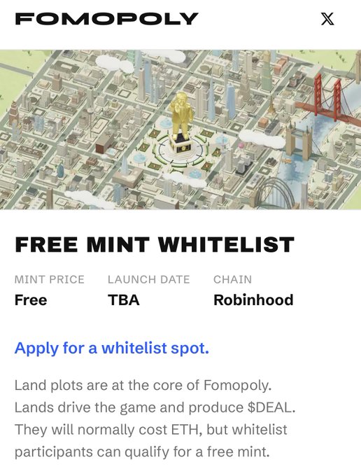 Fomopoly webpage headed “FOMOPOLY” and “FREE MINT WHITELIST,” listing “MINT PRICE Free,” “LAUNCH DATE TBA,” and “CHAIN Robinhood,” with an invitation to apply for a whitelist spot.